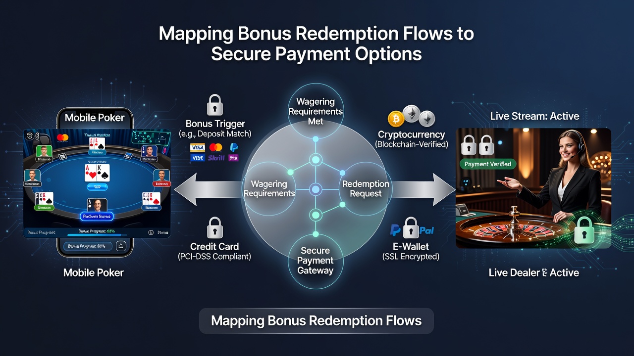 Detailed flowchart showing payment method integration with bonus redemption on Quebec live dealer and poker apps